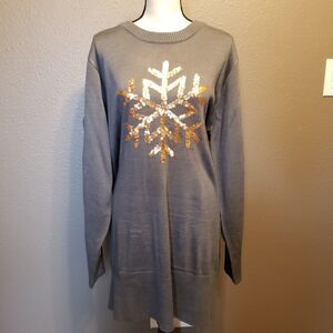 Tipsy Elves Gray Long Sleeve Dress with Gold Snowflake Design